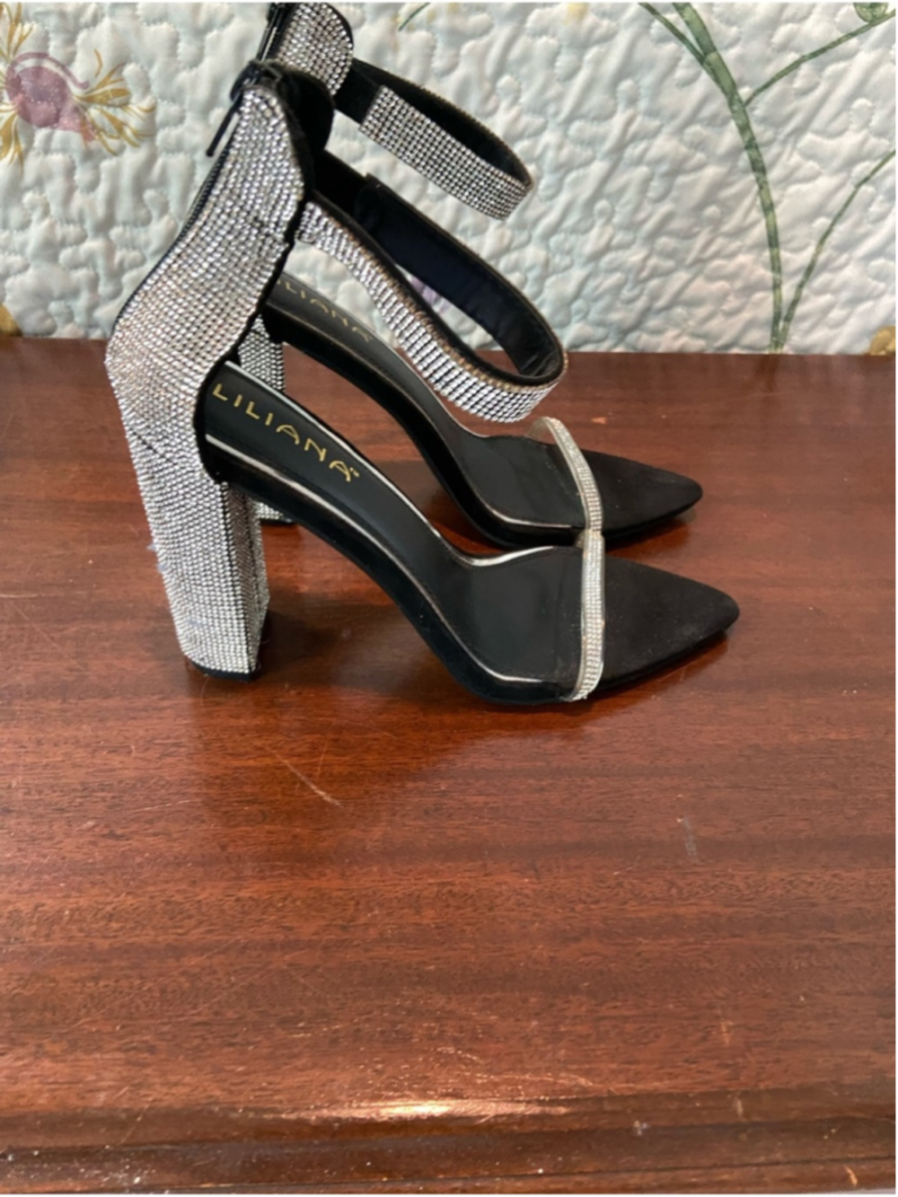 Liliana Black Rhinestone Ankle-Strap Stiletto Sandals - Picture 2 of 5